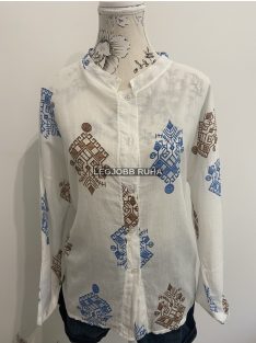   Hosszú ujjú, gombos ing, egyenes szabással. Anyagában színes mintákkal ábrázolva.